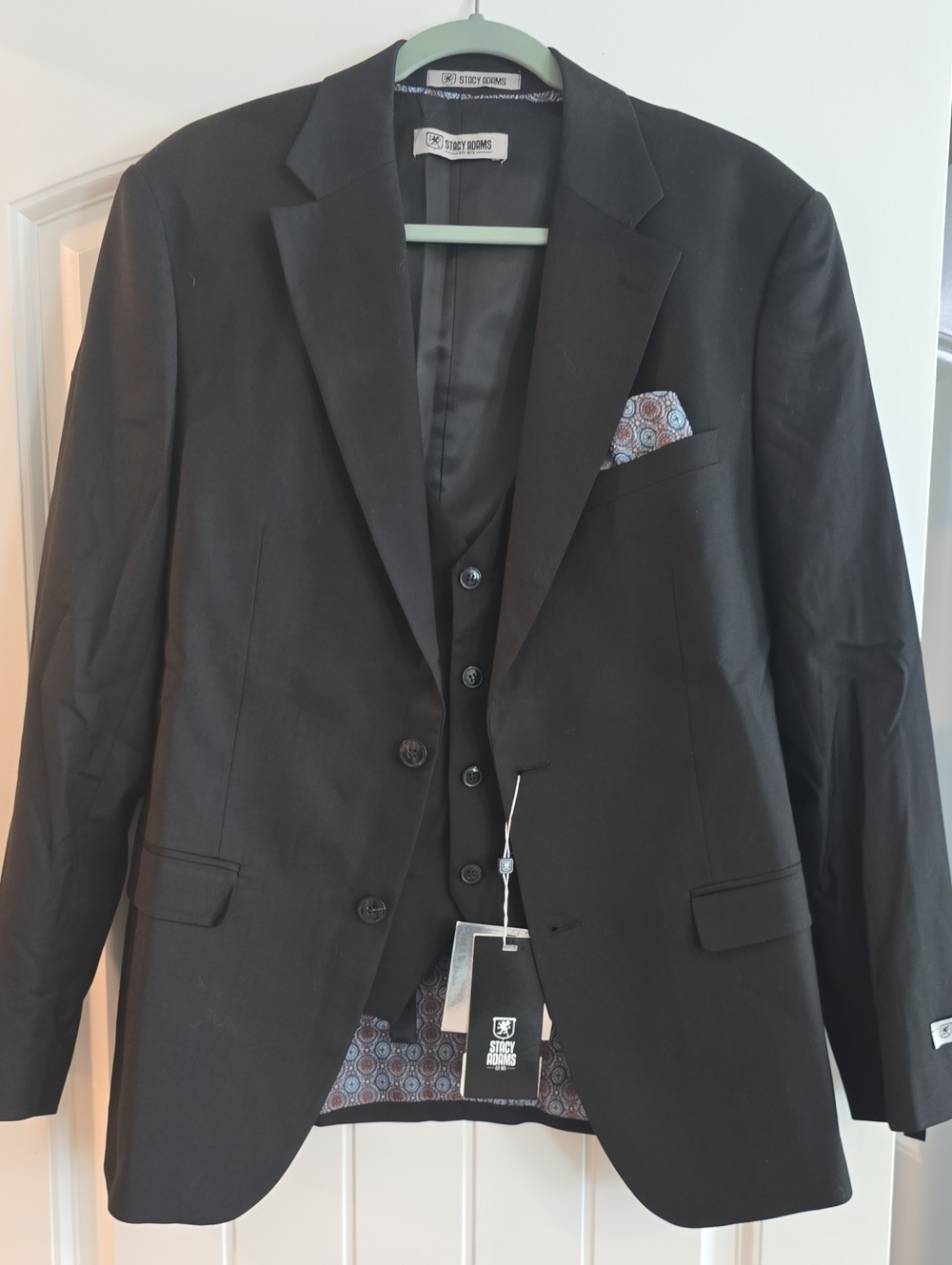 Stacy Adams Black Suit Jacket & Vest with Patterned Pocket Square